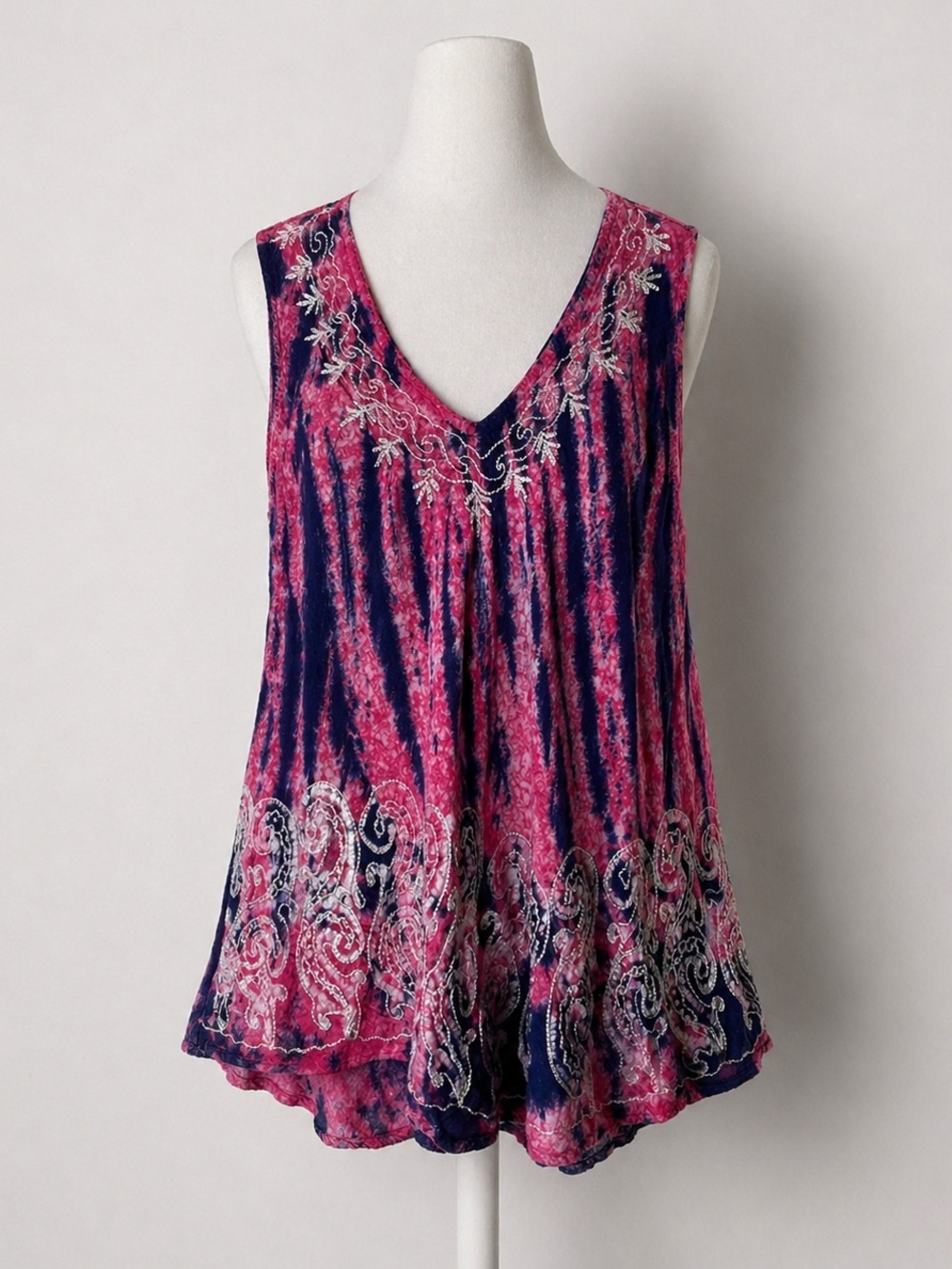 Ren Faire Top M/L Tie Dye Sleeveless Boho Tank Top Embroidered Pink Blue